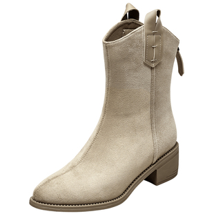 意尔康真皮尖头西部靴女2025秋冬季新款复古美拉德风中筒靴推推靴