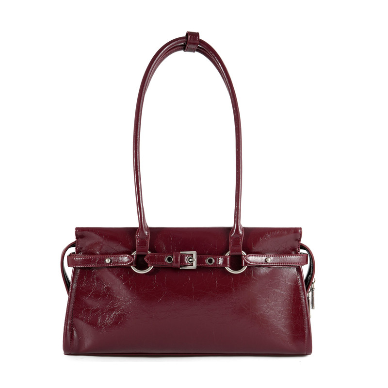 港风复古酒红法棍腋下包金属扣饰油蜡皮新娘包日常通勤百搭女包