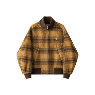 威廉福克斯冬季长绒羊驼混纺绵羊毛格纹双面呢潮流复古夹克外套男