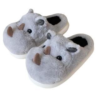 细细条 卧室家用趣味冬季毛毛鞋ins丑萌犀牛情侣舒适软厚底棉拖鞋