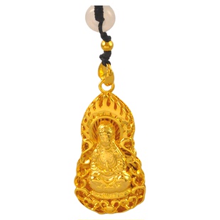 送男友礼盒镀24K金色镂空火焰观音吊牌男士项链佛坠仿真黄金吊坠