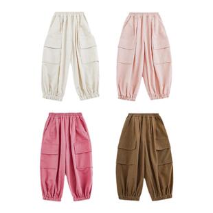 幼悠女童纯色工装裤春秋洋气可爱弹力收束经典百搭宽松休闲裤子潮