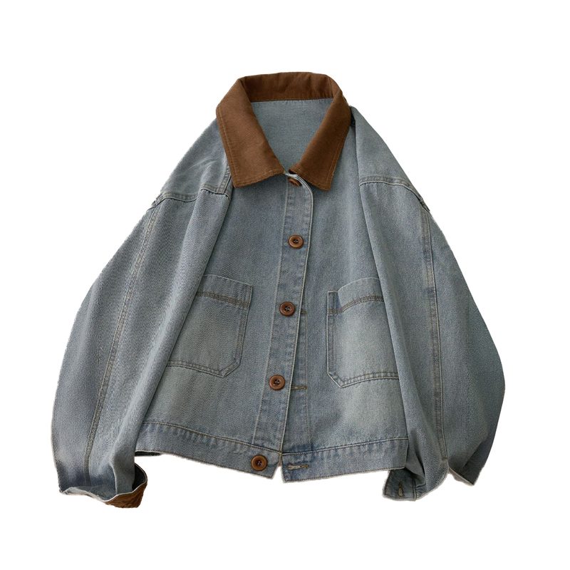 特大码蓝色复古拼接翻领牛仔外套女秋季胖mm韩系洋气百搭夹克上衣