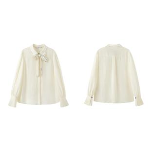 PIT杏色百搭衬衫蝴蝶结学院风法式上衣女2025春季新款百褶袖内搭