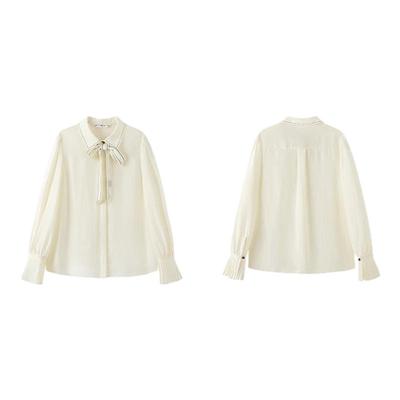 PIT杏色百搭衬衫蝴蝶结学院风法式上衣女2025春季新款百褶袖内搭