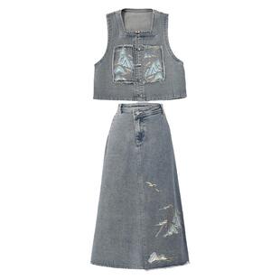 千里江山牛仔系列 新中式牛仔马甲改良汉服国风套装森女部落原创