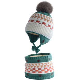 儿童帽子秋冬季防寒包头脖套男女孩针织毛线帽大毛球保暖里衬套装