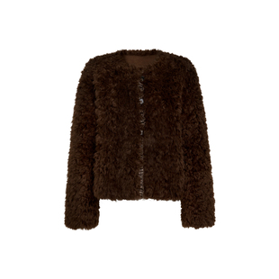 张慧雯同款 Kroche 格纹花边拼接皮毛一体圆领宽松羊羔毛外套