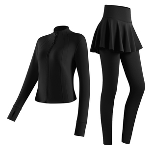 361跑步女运动套装冬季保暖训练上衣后腰口袋裙裤健身长裤晨跑服