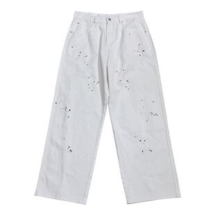 美式高街泼墨白色牛仔裤男春款痞帅高级感裤子cleanfit直筒拖地裤