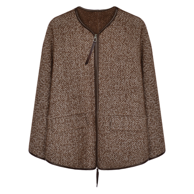 因由 高奢秋冬羊驼毛皮包边无领斗篷式外套女新款小香风上衣