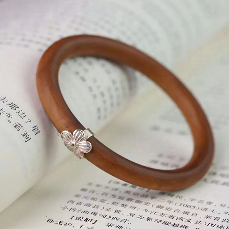 极速印度老山檀香黑肉镶嵌纯银梅花圆条手镯檀香木贵妃镯送妈妈送