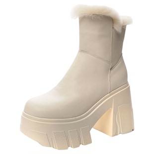 真皮厚底雪地靴女11CM超高跟白色马丁靴秋冬加绒短靴超轻保暖棉靴