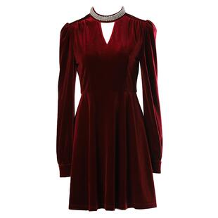 DPLAY秋季新款红色连衣裙女法式丝绒裙子气质短款订婚礼服裙