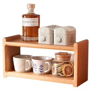 樱桃木桌面实木置物架双层北欧日式茶具咖啡杯子收纳架小型展示架
