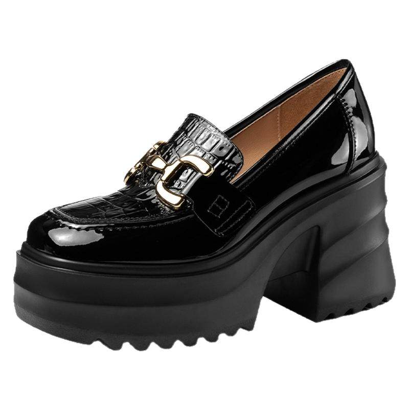 牛漆皮新款乐福鞋马衔扣厚底单鞋女9.5c超高跟松糕底小个子增高鞋