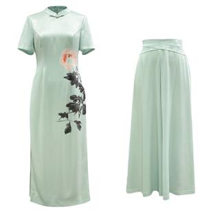 浒城古娘新款醋酸印花复古气质新中式国风奥黛连衣裙两件套装女夏