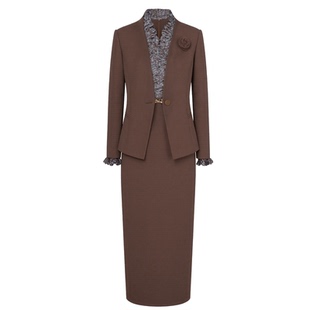 咖色毛呢套装裙女冬季新款气质职业西装羊毛修身显瘦连衣裙两件套
