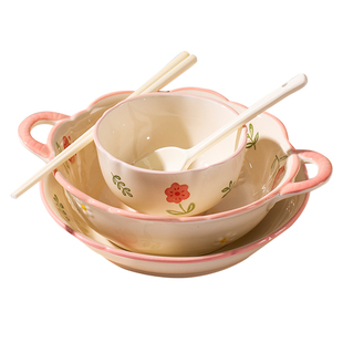 陶瓷碗家用可爱手柄碗釉下彩一人食餐具泡面嗦粉专用碗