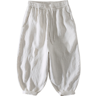极麻松紧腰个性薄款阔腿亚麻灯笼裤男士休闲抽绳小脚宽松棉麻长裤