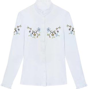 加绒纯棉衬衣女秋冬新款绣花木耳领白色立领长袖保暖女士衬衫上衣