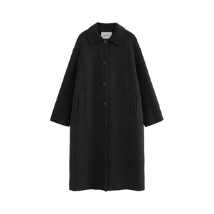Adan手工灰色大衣女温柔系韩版宽松双排扣双面呢羊毛中长款外套