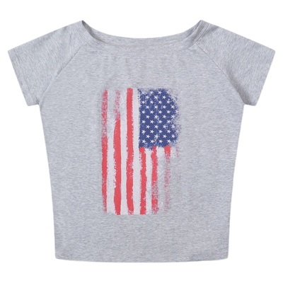 SREK 美式星条旗帜印花斜肩短袖T恤女夏季辣妹宽松显瘦百搭露肩