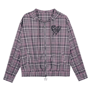 SagiDolls少女斗志 甜酷街头风粉格带帽衬衫外套宽松显瘦百搭春夏