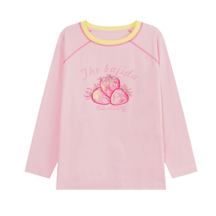 YUZI鱼子草莓长袖T恤撞色锁链绣高弹宽松粉色甜美微胖大码女装