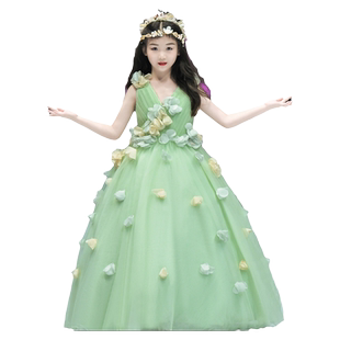 女童礼服绿色森系儿童走秀长裙小女孩舞台演出生日钢琴演奏公主裙