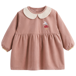 女宝宝灯芯绒罩衣秋冬儿童羽绒服防水防脏婴儿按扣反穿衣吃饭围兜