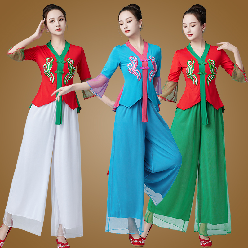广场舞服装新款套装女春夏扇子舞喇叭袖古典演出民族风秧歌网纱裤