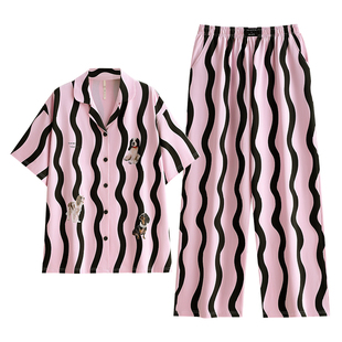 悦内睡衣女夏季夏天纯棉短袖长裤家居服条纹宽松休闲卡通开衫套装