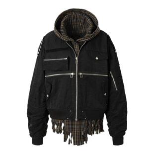 BAK原创设计弯刀廓形假两件飞行棉服冬款加厚棉衣连帽格子冬外套