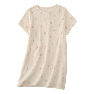 睡裙夏季女款短袖纯棉纱布短袖圆领孕妇宽松夏天连衣裙家居服睡衣