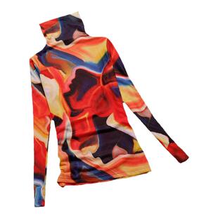 网纱打底衫女2025秋季新款洋气满印t恤修身花色高领长袖蕾丝上衣