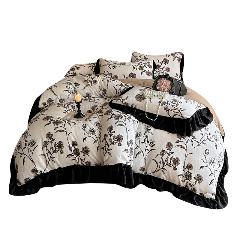 牛奶绒床上四件套法式赫本风冬季珊瑚绒被套床单法兰绒床品三件套