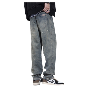 Kuvine秋冬季美式高街复古泼墨牛仔裤男款加绒宽松直筒阔腿长裤子