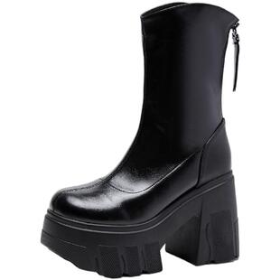 11cm超高跟真皮粗跟短靴女厚底马丁靴防水台春秋单靴显高瘦瘦女靴