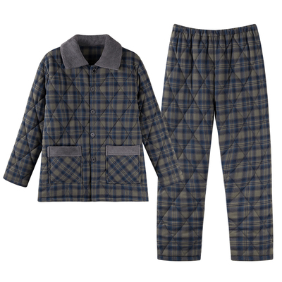 梭织夹棉睡衣100%纯棉男士三层加绒加厚全棉格子中青年冬季家居服