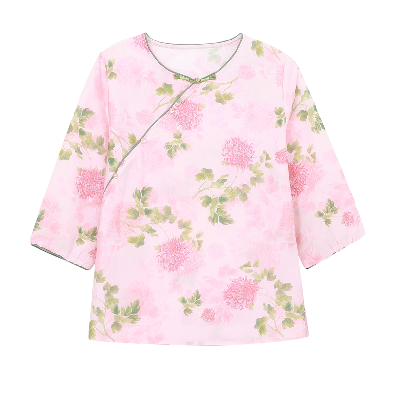 新中式花卉印花七分袖圆领衬衫女