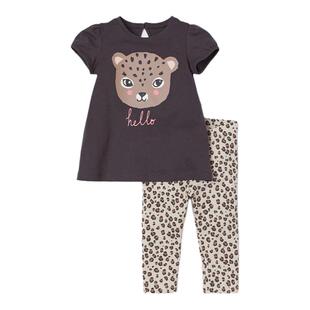 女童卡通短袖T恤上衣豹纹打底裤子夏天2件套宝宝夏季纯棉套装3岁6
