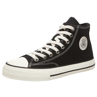 人本加绒高帮帆布鞋男秋冬板鞋黑色大码45百搭保暖休闲平底棉鞋46