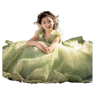 女童礼服绿色精灵公主裙森系气质女孩摄影写真演出走秀主持人长裙