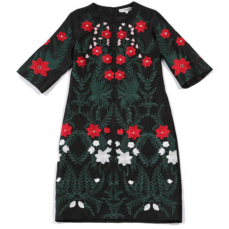 新中式连衣裙春秋女安娜滕复古国风刺绣花中长款修身中袖圆领裙子