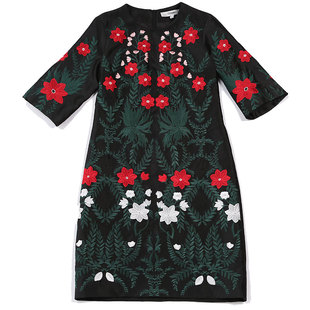 新中式连衣裙春秋女安娜滕复古国风刺绣花中长款修身中袖圆领裙子