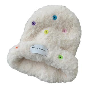 彩色纽扣毛绒帽女秋冬季韩版显脸小百搭针织毛线帽子宽松白色帽子