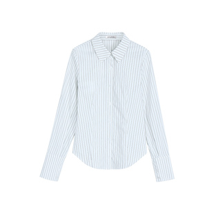 pusumede 智性漫游 盐系条纹翻领衬衫女长袖衬衣气质修身叠穿上衣