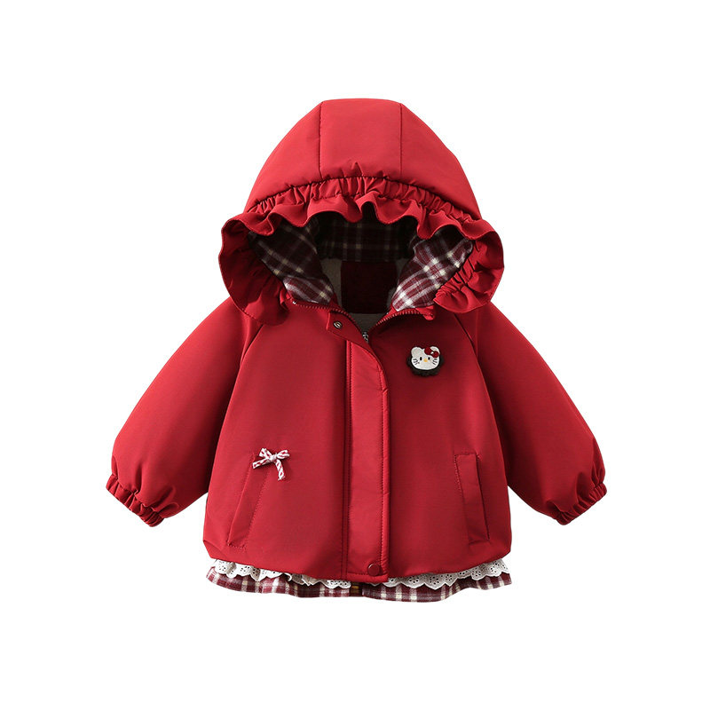 新年女童红色连帽加厚棉服