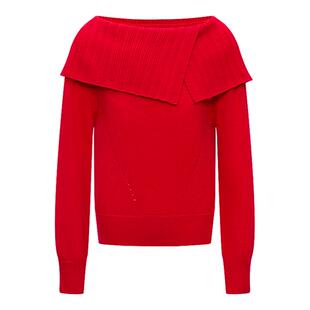 LILY2026春新款女装含羊毛圣诞一字肩露肩红色慵懒风针织衫毛衣